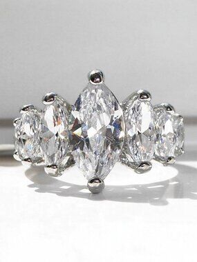 STAINLESS STEEL 5 Marquise Cut Cubic Zirconia Ring Sizes 6-10